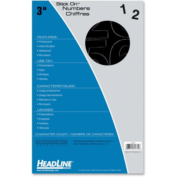 Headline Stick-on Vinyl Numbers - Self-adhesive - Water Proof, Permanent Adhesive - 3" (76.2 mm) Length - Black - Vinyl - 1 Each