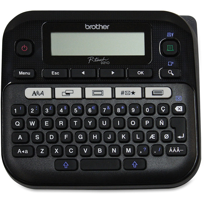 P-touch PT-D210BK Easy-to-Use Label Maker - Thermal Transfer - 0.79 in/s (20 mm/s) Mono - 180 dpi - Tape0.14" (3.50 mm), 0.24" (6 mm), 0.35" (9 mm), 0.47" (12 mm) - LCD Screen - Battery, Power Adapter - 6 Batteries Supported - AAA - Black - Handheld, Desk