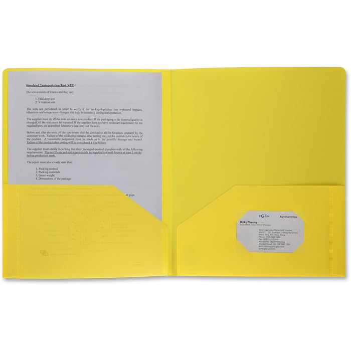 Business Source Letter Portfolio - 8 1/2" (215.90 mm) x 11" (279.40 mm) - 30 Sheets Capacity - 2 Pocket(s) - Yellow - Durable, Spill Resistant, Wear Resistant, Card Holder - 1 Each
