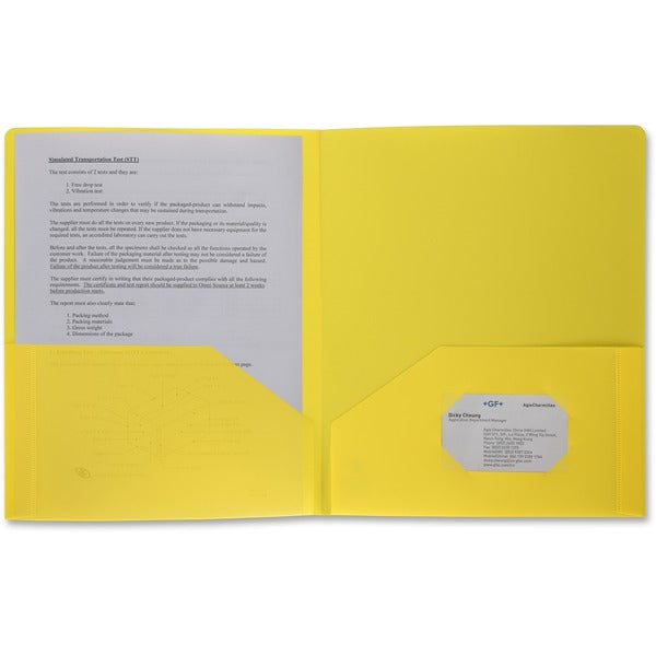 Business Source Letter Portfolio - 8 1/2" (215.90 mm) x 11" (279.40 mm) - 30 Sheet Capacity - 2 Pocket(s) - Yellow - 1 Each