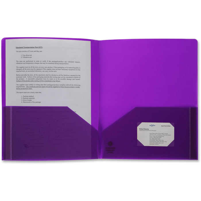 Business Source Letter Portfolio - 8 1/2" (215.90 mm) x 11" (279.40 mm) - 30 Sheets Capacity - 2 Pocket(s) - Purple - Durable, Spill Resistant, Wear Resistant, Card Holder - 1 Each