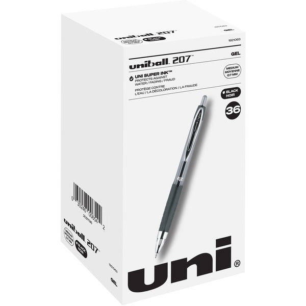 uniball&trade; 207 Gel Pen - Medium Pen Point - 0.7 mm Pen Point Size - Refillable - Retractable - Black Pigment-based Ink - 36 / Pack