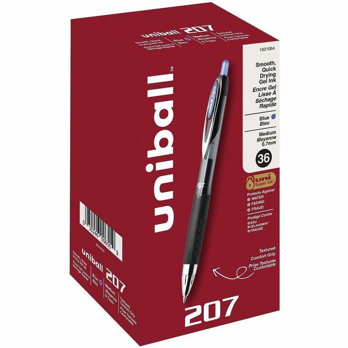 uniball 207 Retractable Gel Pens - Refillable - Retractable - Blue Ink - Gel-based - 36 / Pack