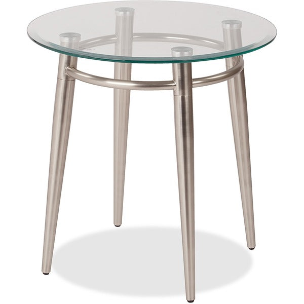 WorkSmart Brooklyn MG0920R-NB End Table - Clear Round Top - Four Leg Base - 4 Legs - 20" (508 mm) Table Top Width x 20" (508 mm) Table Top Depth - 20" (508 mm) Height - Assembly Required - Brushed Nickel - Tempered Glass Top Material - Metal Frame Materia