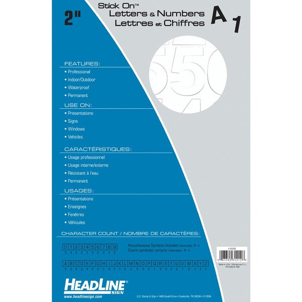 Headline 2" Letter - Capital Letters Shape - Self-adhesive - Helvetica Style - Water Proof, Permanent Adhesive - 2" (50.8 mm) Height - White - Vinyl - 1 Each