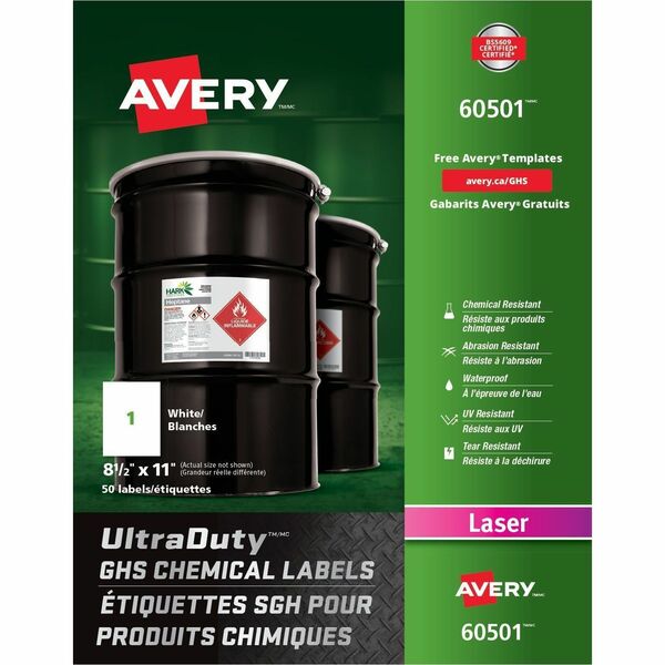 Avery&reg; UltraDuty™ GHS Chemical Labels 8½" x 11" , for Laser Printers - 8 1/2" (215.90 mm) Width x 11" (279.40 mm) Length - Permanent Adhesive - Rectangle - Laser - Matte - White - Film - Water Resistant - 1 / Sheet - 50 Total Sheets - 50 Total L