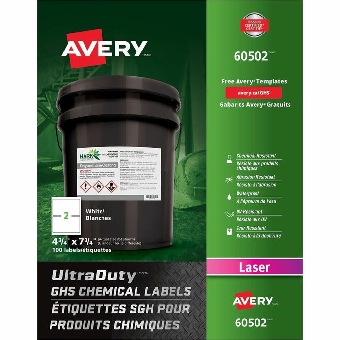 UltraDuty™GHS Chemical Labels 4-3/4" x 7 3/4" , Permanent Adhesive, for Laser Printers - - HeightPermanent Adhesive - Laser - White - Film, Polyester - Water Resistant - 2 / Sheet - 100 / Pack