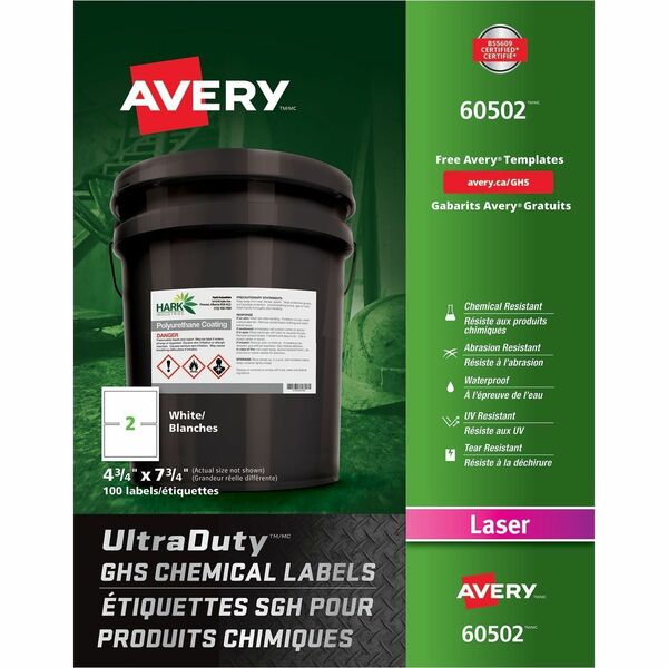 Avery&reg; UltraDuty™ GHS Chemical Labels 4¾" x 7¾" , Permanent Adhesive, for Laser Printers - 4 3/4" (120.65 mm) Width x 7 3/4" (196.85 mm) Length - Permanent Adhesive - Rectangle - Laser - Matte - White - Film - Water Resistant - 2 / Sheet - 50 To