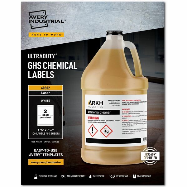 Avery&reg; UltraDuty&trade; GHS Chemical Labels 4-3/4" x 7-3/4" , Permanent Adhesive, for Laser Printers - 4 3/4" (120.65 mm) Width x 7 3/4" (196.85 mm) Length - Permanent Adhesive - Rectangle - Laser - White - Film - 2 / Sheet - 50 Total Sheets - 100 Tot