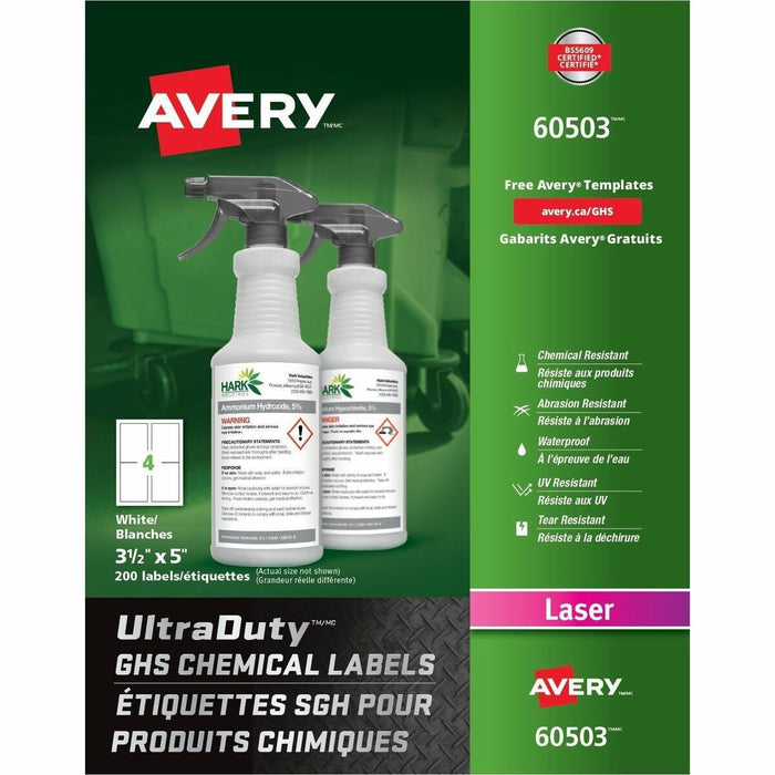 UltraDuty™GHS Chemical Labels 3-1/2" x 5" , Permanent Adhesive, for Laser Printers - - HeightPermanent Adhesive - Laser - White - Film, Polyester - Water Resistant - 4 / Sheet - 200 / Pack