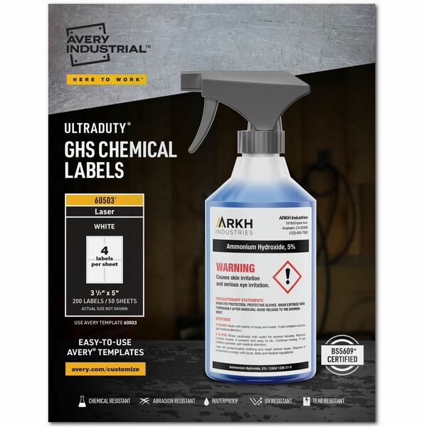 Avery&reg; UltraDuty&trade; GHS Chemical Labels 3-1/2" x 5" , for Laser Printers - 3 1/2" (88.90 mm) Width x 5" (127 mm) Length - Permanent Adhesive - Rectangle - Laser - White - Film - 4 / Sheet - 50 Total Sheets - Water Resistant - 200 / Box