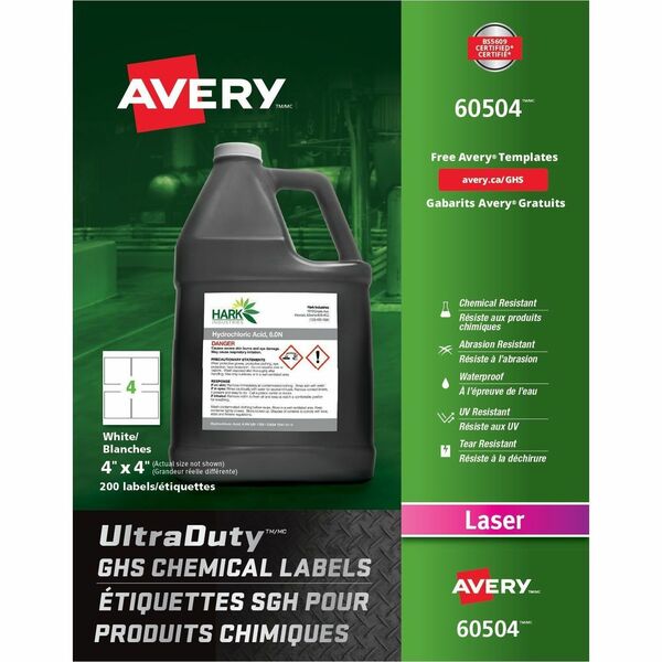 Avery&reg; UltraDuty™ GHS Chemical Labels 4" x 4" , Permanent Adhesive, for Laser Printers - 4" (101.60 mm) Width x 4" (101.60 mm) Length - Permanent Adhesive - Rectangle - Laser - Matte - White - Film - Water Resistant - 4 / Sheet - 50 Total Sheets