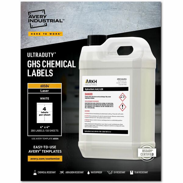 Avery&reg; UltraDuty&trade; GHS Chemical Labels4" x 4" , Permanent Adhesive, for Laser Printers - 4" (101.60 mm) Width x 4" (101.60 mm) Length - Permanent Adhesive - Rectangle - Laser - White - Film - 4 / Sheet - 50 Total Sheets - 200 Total Label(s) - Wat