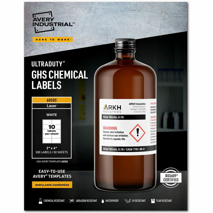 Avery&reg; UltraDuty™ GHS Chemical Labels 2" x 4" , for Laser Printers - 2" (50.80 mm) Width x 4" (101.60 mm) Length - Permanent Adhesive - Rectangle - Laser - Matte - White - Film - Water Resistant - 10 / Sheet - 50 Total Sheets - 500 / Box