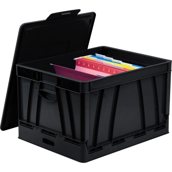 Storex Collapsible Storage Crate - External Dimensions: 14.3" Width x 17.3" Depth x 10.5"Height - 45 lb - 35.02 L - Media Size Supported: Letter, Legal - Lid Lock Closure - Heavy Duty - Stackable - Plastic - Black - For File Folder, Letter, Document, File