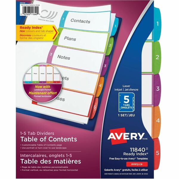 Avery&reg; Ready Index&reg; Customizable Table of Contents Dividersfor Laser and Inkjet Printers, 5 tabs, 1 set - 5 x Divider(s) - 1-5, Table of Contents - 5 Tab(s)/Set - 8.50" (215.90 mm) Divider Width x 11" (279.40 mm) Divider Length - 3 Hole Punched -
