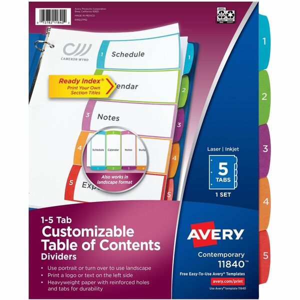 Avery&reg; Ready Index&reg; Customizable Table of Contents Dividersfor Laser and Inkjet Printers, 5 tabs, 1 set - 5 x Divider(s) - 5 Printed Tab(s) - Digit - 1-5 - 5 Tab(s)/Set - 8.50" (215.90 mm) Divider Width x 11" (279.40 mm) Divider Length - Letter -