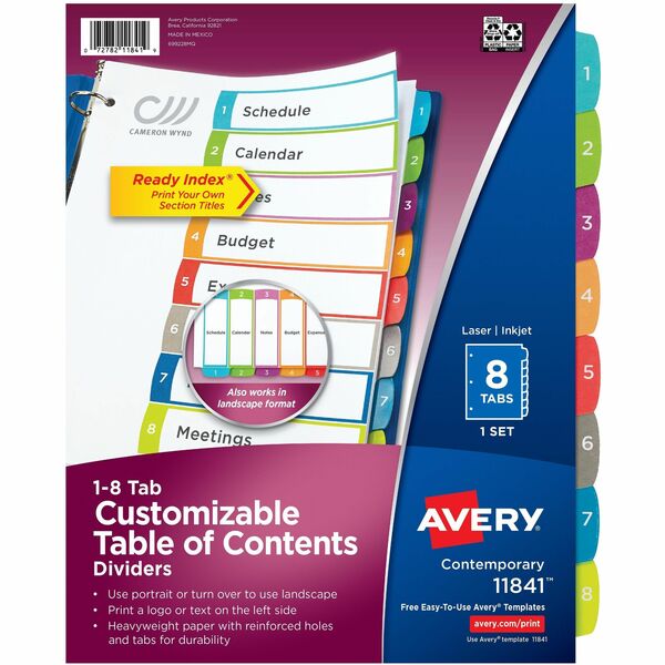 Avery&reg; Ready Index&reg; Customizable Table of Contents Dividersfor Laser and Inkjet Printers, 8 tabs, 1 set - 8 x Divider(s) - 8 Printed Tab(s) - Digit - 1-8 - 8 Tab(s)/Set - 8.50" (215.90 mm) Divider Width x 11" (279.40 mm) Divider Length - Letter -