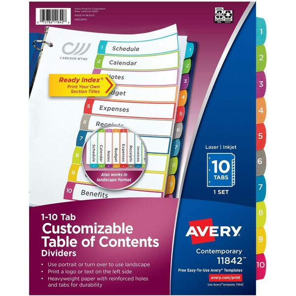 Avery&reg; Ready Index&reg; Customizable Table of Contents Dividersfor Laser and Inkjet Printers, 10 tabs, 1 set - 10 x Divider(s) - 10 Tab(s) - Digit - 1-10 - 10 Tab(s)/Set - 8.50" (215.90 mm) Divider Width x 11" (279.40 mm) Divider Length - 3 Hole Punch