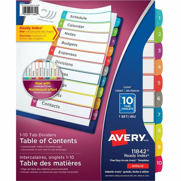 Avery&reg; Ready Index&reg; Customizable Table of Contents Dividers for Laser and Inkjet Printers, 10 tabs, 1 set - 10 x Divider(s) - 1-10 - 10 Tab(s)/Set - 8.50" Divider Width x 11" Divider Length - 3 Hole Punched - White Paper Divider - Multicolor Paper