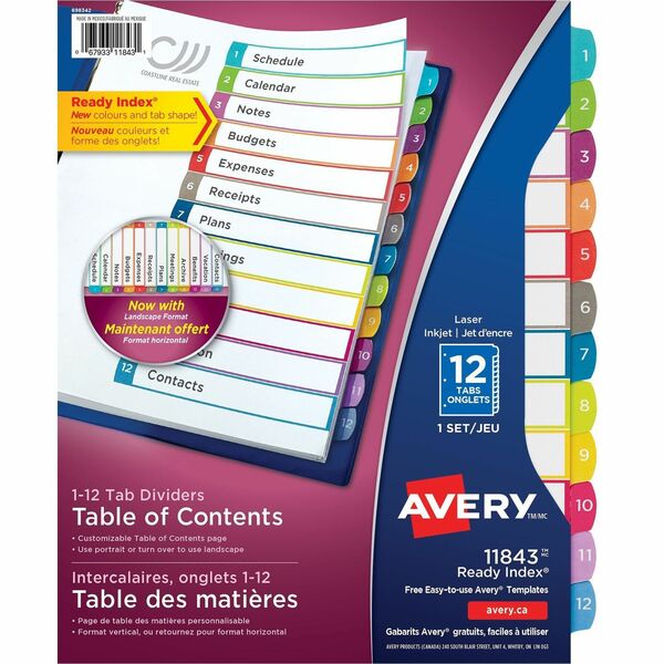 Avery&reg; Ready Index&reg; Customizable Table of Contents Dividers for Laser and Inkjet Printers, 12 tabs, 1 set - 12 x Divider(s) - 1-12 - 12 Tab(s)/Set - 8.50" Divider Width x 11" Divider Length - 3 Hole Punched - White Paper Divider - Multicolor Paper