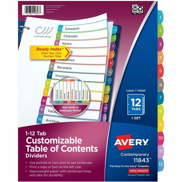 Avery&reg; Ready Index&reg; Customizable Table of Contents Dividersfor Laser and Inkjet Printers, 12 tabs, 1 set - 12 x Divider(s) - 12 Printed Tab(s) - Digit - 1-12 - 12 Tab(s)/Set - 8.50" (215.90 mm) Divider Width x 11" (279.40 mm) Divider Length - Lett