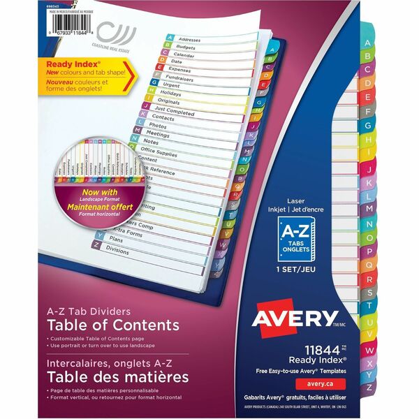 Avery&reg; Ready Index&reg; Customizable Table of Contents Dividers for Laser and Inkjet Printers, A-Z tabs, 1 set - 26 x Divider(s) - A-Z - 26 Tab(s)/Set - 8.50" Divider Width x 11" Divider Length - 3 Hole Punched - White Paper Divider - Multicolor Paper