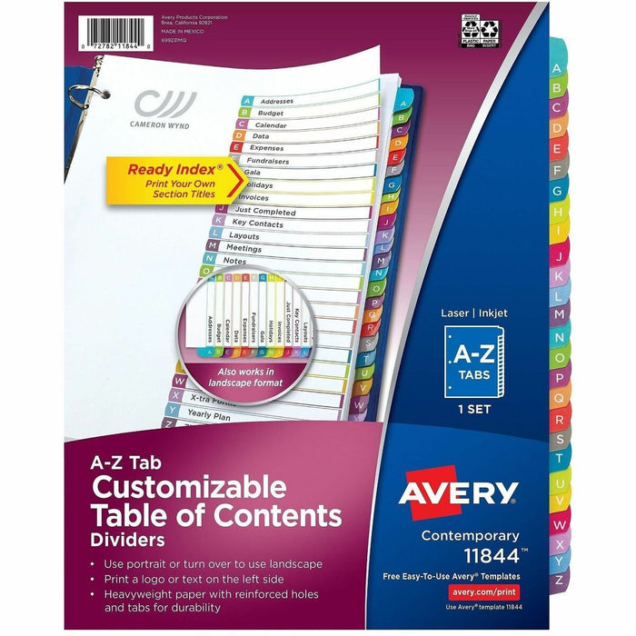 Avery&reg; Ready Index&reg; Customizable Table of Contents Dividersfor Laser and Inkjet Printers, A-Z tabs, 1 set - 26 x Divider(s) - 26 Printed Tab(s) - Alphabet - A-Z - 26 Tab(s)/Set - 8.50" (215.90 mm) Divider Width x 11" (279.40 mm) Divider Length - L