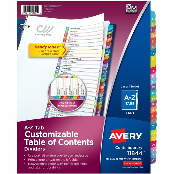Avery&reg; Ready Index&reg; Customizable Table of Contents Dividersfor Laser and Inkjet Printers, A-Z tabs, 1 set - 26 x Divider(s) - 26 Printed Tab(s) - Alphabet - A-Z - 26 Tab(s)/Set - 8.50" (215.90 mm) Divider Width x 11" (279.40 mm) Divider Length - L