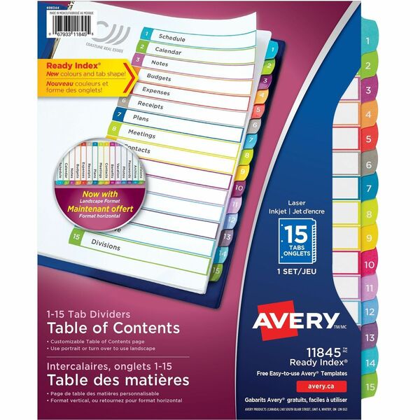 Avery&reg; Ready Index&reg; Customizable Table of Contents Dividers for Laser and Inkjet Printers, 15 tabs, 1 set - 15 x Divider(s) - 1-15 - 15 Tab(s)/Set - 8.50" Divider Width x 11" Divider Length - 3 Hole Punched - White Paper Divider - Multicolor Paper