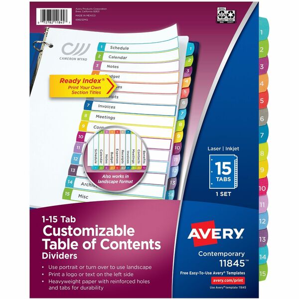Avery&reg; Ready Index&reg; Customizable Table of Contents Dividersfor Laser and Inkjet Printers, 15 tabs, 1 set - 15 x Divider(s) - 15 Printed Tab(s) - Digit - 1-15 - 15 Tab(s)/Set - 8.50" (215.90 mm) Divider Width x 11" (279.40 mm) Divider Length - Lett