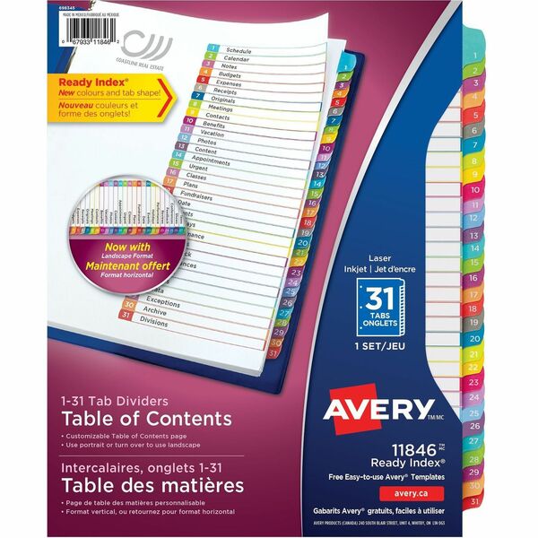 Avery&reg; Ready Index&reg; Customizable Table of Contents Dividers for Laser and Inkjet Printers, 31 tabs, 1set - 31 x Divider(s) - 1-31 - 31 Tab(s)/Set - 8.50" Divider Width x 11" Divider Length - 3 Hole Punched - White Paper Divider - Multicolor Paper