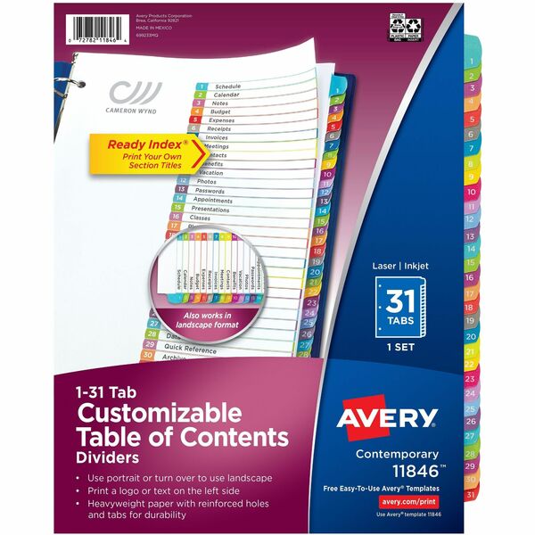 Avery&reg; Ready Index&reg; Customizable Table of Contents Dividersfor Laser and Inkjet Printers, 31 tabs, 1set - 31 x Divider(s) - 31 Tab(s) - Digit - 1-31 - 31 Tab(s)/Set - 8.50" (215.90 mm) Divider Width x 11" (279.40 mm) Divider Length - 3 Hole Punche