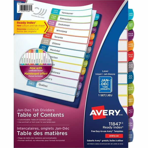 Avery&reg; Ready Index&reg; Customizable Table of Contents Dividers for Laser and Inkjet Printers, Jan-Dec tabs, 1 set - 12 x Divider(s) - Jan-Dec - 12 Tab(s)/Set - 8.50" Divider Width x 11" Divider Length - 3 Hole Punched - White Paper Divider - Multicol