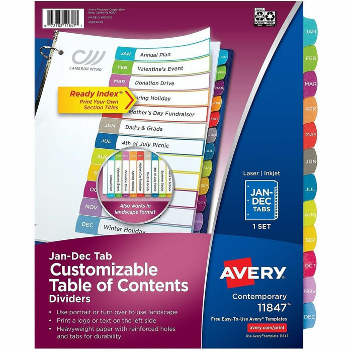 Avery&reg; Ready Index&reg; Customizable Table of Contents Dividersfor Laser and Inkjet Printers, Jan-Dec tabs, 1 set - 12 x Divider(s) - 12 Tab(s) - Month - Jan-Dec - 12 Tab(s)/Set - 8.50" (215.90 mm) Divider Width x 11" (279.40 mm) Divider Length - 3 Ho