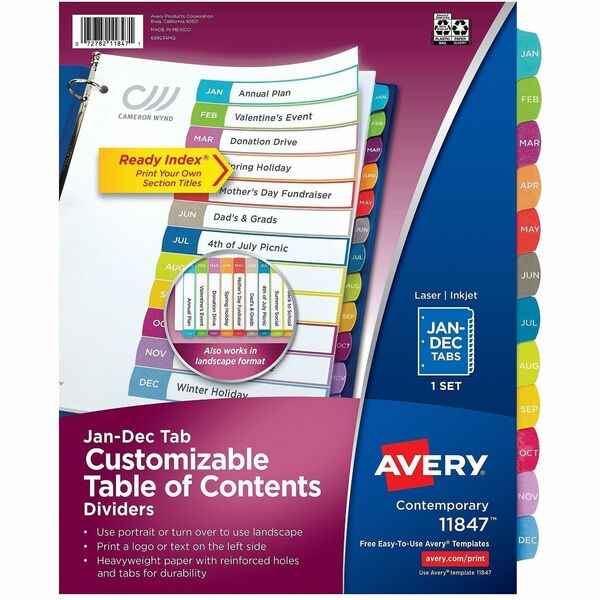 Avery&reg; Ready Index&reg; Customizable Table of Contents Dividersfor Laser and Inkjet Printers, Jan-Dec tabs, 1 set - 12 x Divider(s) - 12 Tab(s) - Month - Jan-Dec - 12 Tab(s)/Set - 8.50" (215.90 mm) Divider Width x 11" (279.40 mm) Divider Length - 3 Ho