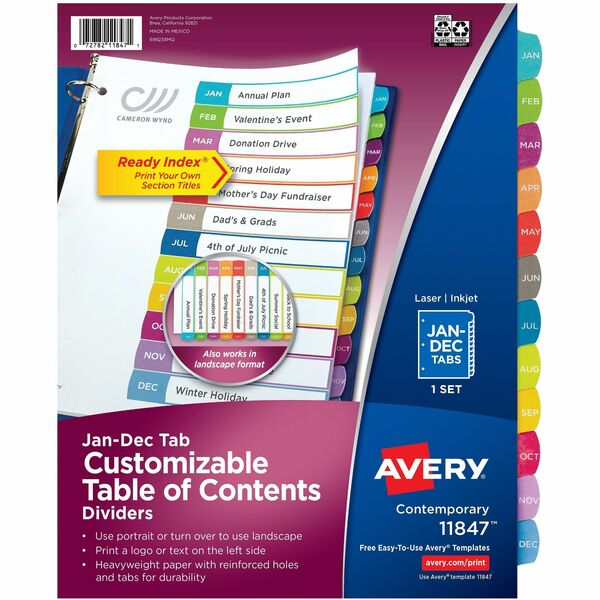 Avery&reg; Ready Index&reg; Customizable Table of Contents Dividersfor Laser and Inkjet Printers, Jan-Dec tabs, 1 set - 12 x Divider(s) - 12 Tab(s) - Month - Jan-Dec - 12 Tab(s)/Set - 8.50" (215.90 mm) Divider Width x 11" (279.40 mm) Divider Length - 3 Ho