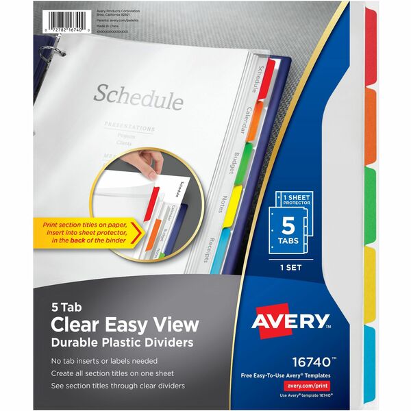 Avery&reg; Clear Easy View Durable Plastic Dividers5 tabs, 1 set - 5 x Divider(s) - 5 - 5 Tab(s)/Set - 8.50" (215.90 mm) Divider Width x 11" (279.40 mm) Divider Length - 3 Hole Punched - Clear Plastic Divider - Multicolor Plastic Tab(s) - 5 / Set