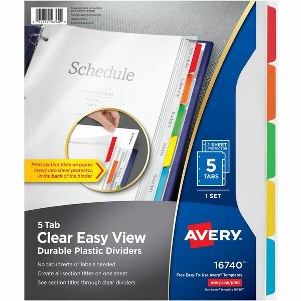 Avery&reg; Clear Easy View Durable Plastic Dividers 5 tabs, 1 set - 5 x Divider(s) - 5 - 5 Tab(s)/Set - 8.50" Divider Width x 11" Divider Length - 3 Hole Punched - Clear Plastic Divider - Multicolor Plastic Tab(s) - 5 / Set