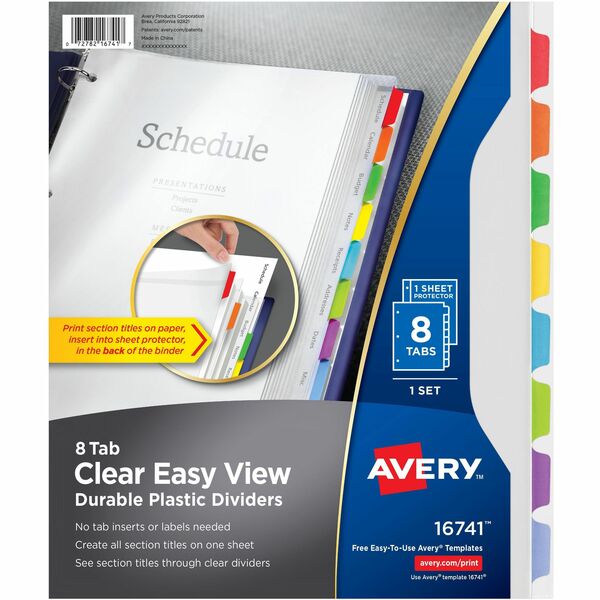 Avery&reg; Clear Easy View Durable Plastic Dividers 8 tabs, 1 set - 8 x Divider(s) - 8 - 8 Tab(s)/Set - 8.50" (215.90 mm) Divider Width x 11" (279.40 mm) Divider Length - 3 Hole Punched - Clear Plastic Divider - Multicolor Plastic Tab(s) - 8 / Set