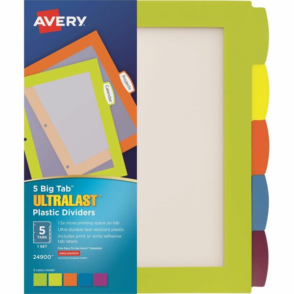 Avery&reg; Big Tab&trade; UltraLast&trade; Plastic Dividers for Laser and Inkjet Printers, 5 tabs - 5 x Divider(s) - 5 Write-on Tab(s) - 5 - 5 Tab(s)/Set - 8.50" (215.90 mm) Divider Width x 11" (279.40 mm) Divider Length - 3 Hole Punched - Multicolor Plas