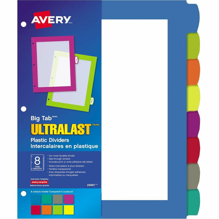 Avery&reg; Big Tab™ UltraLast™ Plastic Dividers for Laser and Inkjet Printers, 8 tabs - 8 x Divider(s) - 8 Write-on Tab(s) - 8 - 8 Tab(s)/Set - 8.50" (215.90 mm) Divider Width x 11" (279.40 mm) Divider Length - 3 Hole Punched - Multicolor Plas