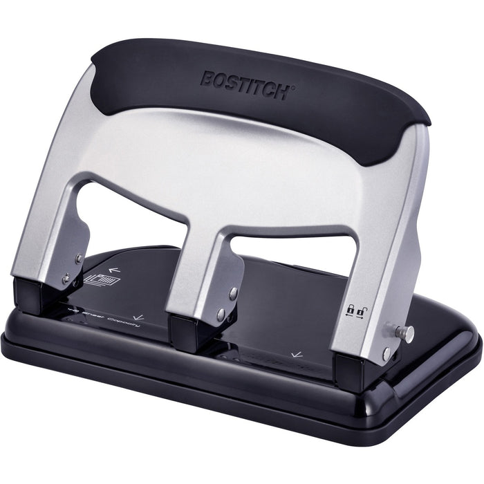 Bostitch EZ Squeeze 40-sheet 3-Hole Punch - 3 Punch Head(s) - 40 Sheet of 20lb Paper - 9/32" (7.11 mm) Punch Size - 7.40" (187.96 mm) Width x 3.10" (78.74 mm) Height - Black, Silver