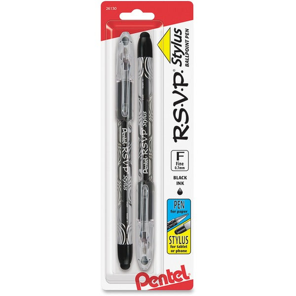 Pentel R.S.V.P. Stylus Ballpoint Pen - Fine Pen Point - Stainless Steel Tip - Refillable - Black Ink - Clear Barrel - Ergonomic, Anti-fatigue, Durable Tip, Smooth Writing, Indicator - 2 / Pack