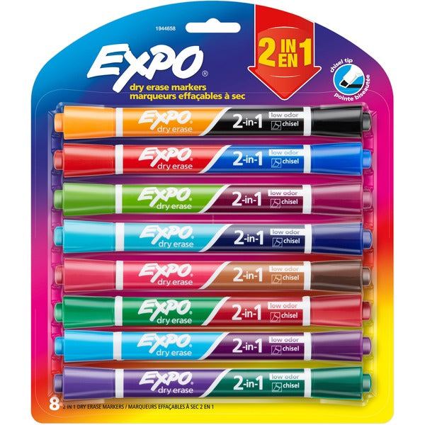 Expo 2-in-1 Dry Erase Markers - Chisel Marker Point - Assorted Ink - 8 / Pack