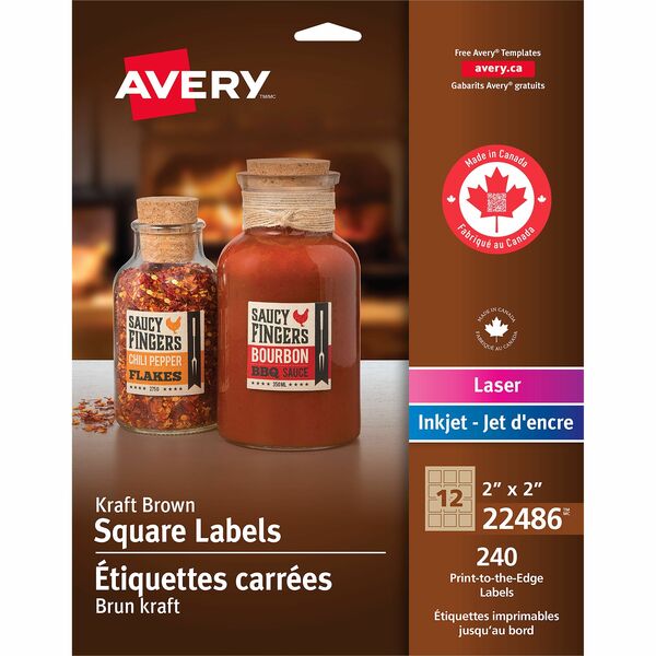 Avery&reg; Kraft Brown Square Labels - 2" (50.80 mm) Width x 2" (50.80 mm) Length - Square - Laser, Inkjet - Brown - Kraft - 12 / Sheet - 240 / Pack