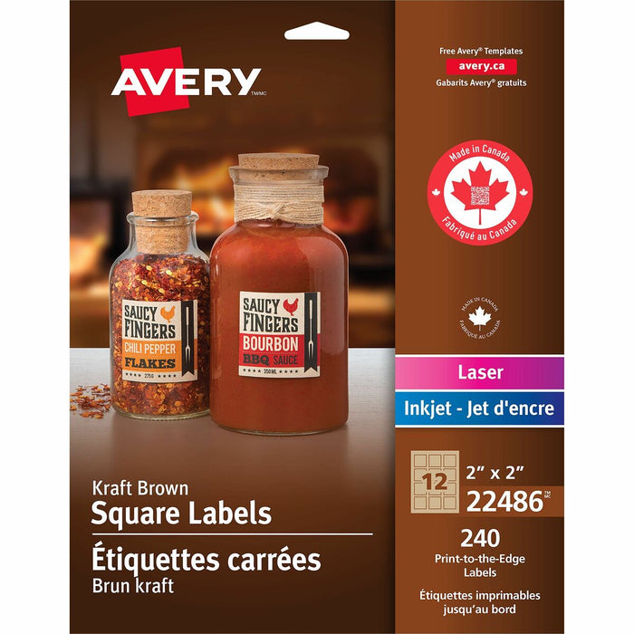 Kraft Brown Square Labels 2" x 2" , Permanent Adhesive, for Laser and Inkjet Printers - - HeightPermanent Adhesive - Square - Laser, Inkjet - Kraft Brown - Paper - 12 / Sheet - 240 / Pack