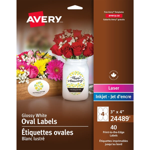 Avery&reg; Glossy White Oval Labels 3" x 4" , Permanent Adhesive, for Laser and Inkjet Printers - 4" Width x 3" Length - Oval - Inkjet, Laser - Glossy - White - 4 / Sheet - 40 / Pack - Print-to-the Edge, Easy Peel, Adhesive, Customizable