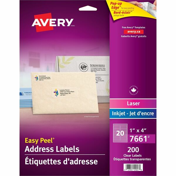 Avery&reg; Rectangle Clear Labels with Easy Peel&reg; 1" x 4" , for Laser/Inkjet Printers - 4" Width x 1" Length - Rectangle - Laser, Inkjet - Glossy - Clear - 20 / Sheet - 200 / Pack - Easy Peel, Customizable