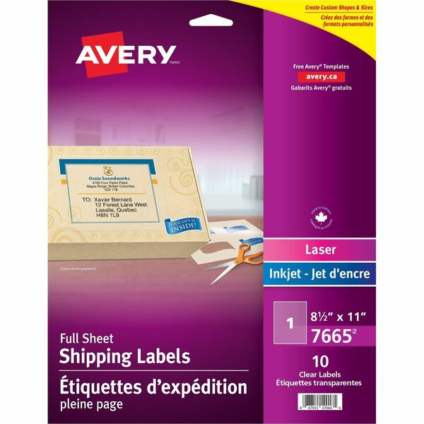 Avery&reg; Rectangle Clear Labels 8½" x 11" , for Laser/Inkjet Printers - 8 1/2" Width x 11" Length - Rectangle - Laser, Inkjet - Glossy - Clear - 10 / Pack - Customizable